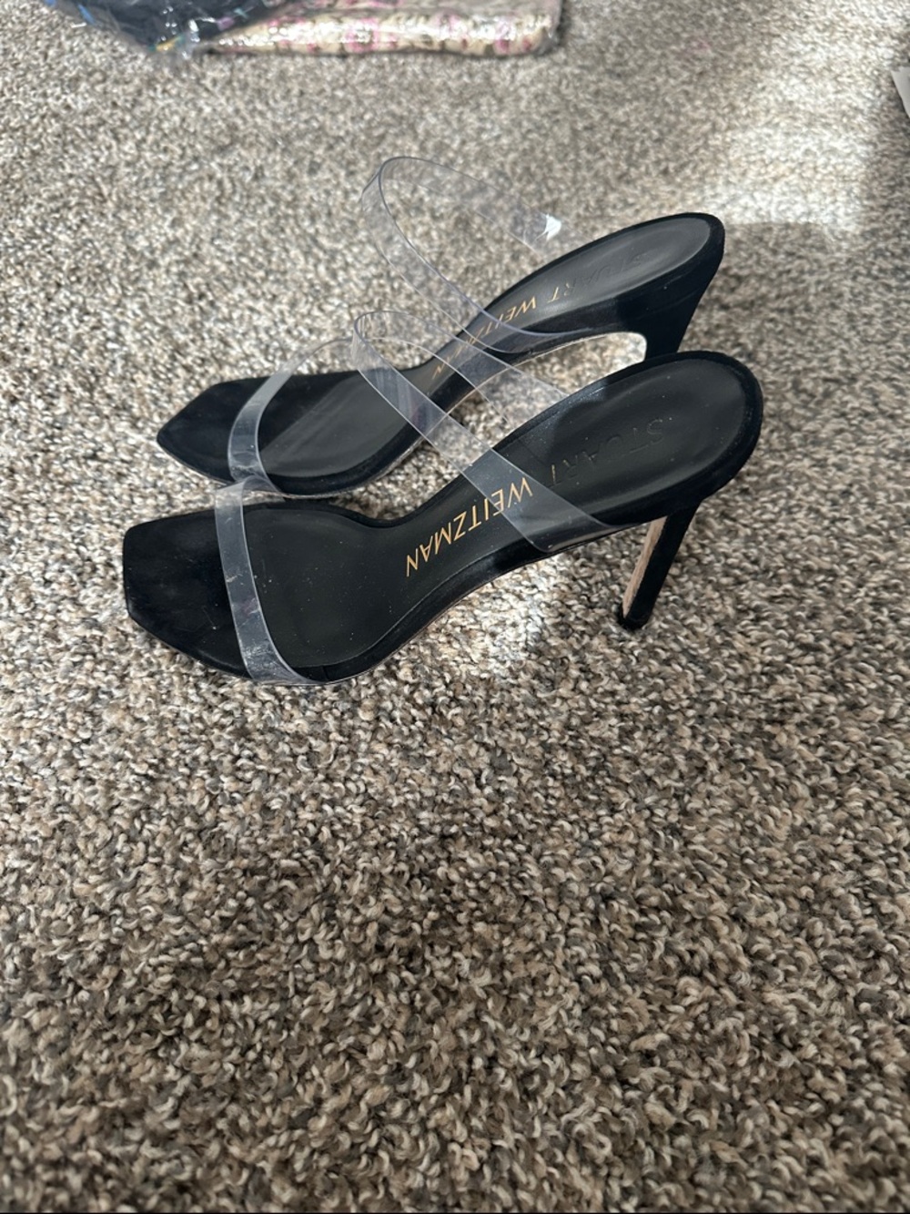 Stuart Weitzman Black Heeled Sandals with Clear Straps